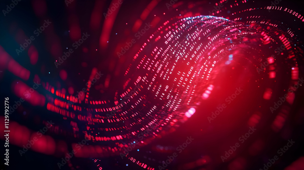 Poster abstract swirling red digital patterns creating a futuristic visual experience in technology.