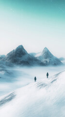 Snowy Mountains, Winter Solitude, Two Hikers, 3D Rendering, Background