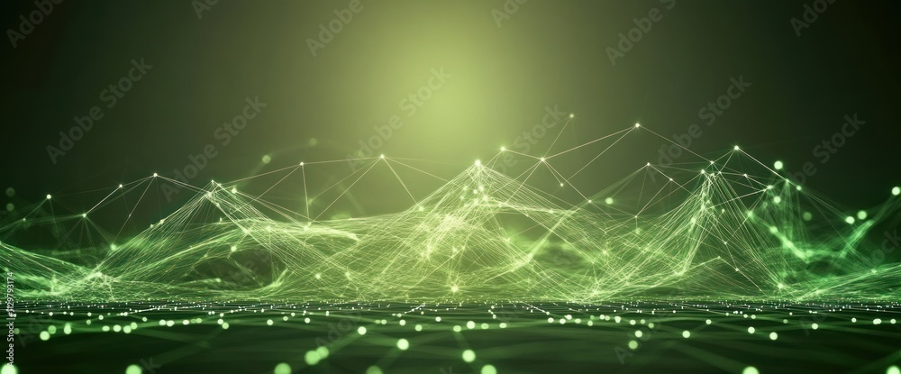 Poster abstract green digital landscape with glowing nodes and lines.