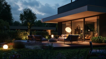 Fototapeta premium A contemporary villa illuminated at night, showcasing a spacious deck with modern lounge furniture and surrounded by tall trees. Ultra-detailed