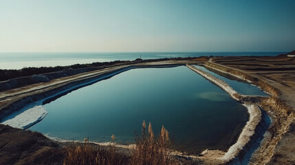 Obraz premium Coastal Salt Evaporation Ponds: Cinematic Ocean View