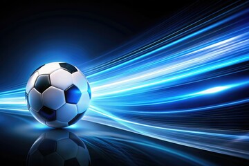 Night's embrace: a silhouetted soccer ball, blue light trails streak across the dark, leaving space for your message.