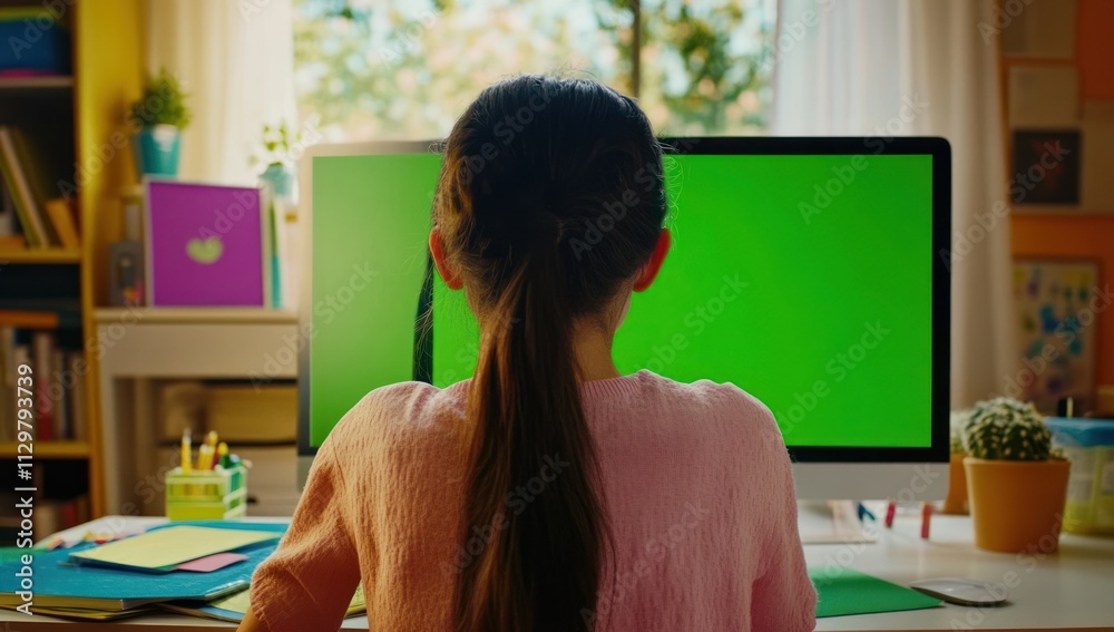 Poster girl using computer with green screen.