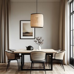 Modern Dining Room with Natural Light. A Cozy Space Featuring a Wooden Table, Woven Chairs, Light and Minimalist Decor with a Vase of Greenery, Framed Art and Large Windows.