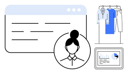 Clothing items on a rack, a user profile icon, and a web analytics chart. Ideal for online shopping, e-commerce, digital marketing, user profile management, fashion retail, website design sales