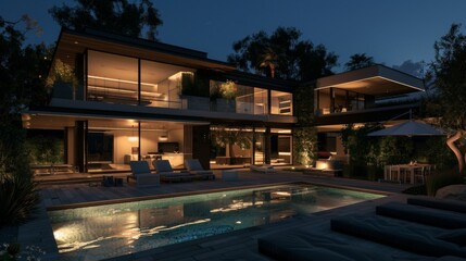 Obraz premium A contemporary villa illuminated at night, showcasing minimalist architecture with floor-to-ceiling windows. The patio features a luxurious outdoor pool and a well-kept garden. Ultra-detailed