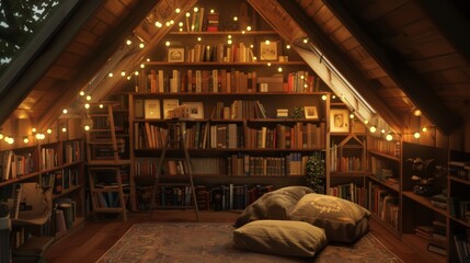 A cozy attic library with low wooden shelves, a floor cushion