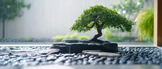 Fotobehang Bonsai Zen Garden Bonsai Tree Water Fountain Rock Path Tranquility  © Killian