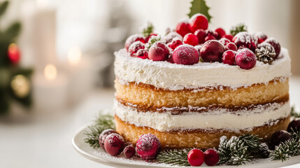 Christmas Cranberry Cake: Festive Layered Dessert, White Frosting, Red Berries