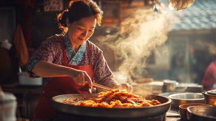 Korean Kimchi Making: Traditional Food Preparation, Warm Sunlight, Rustic Kitchen
