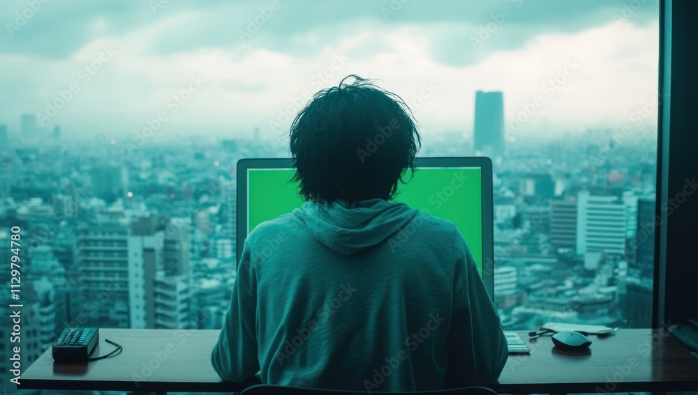 Aufkleber person working on computer with cityscape view.