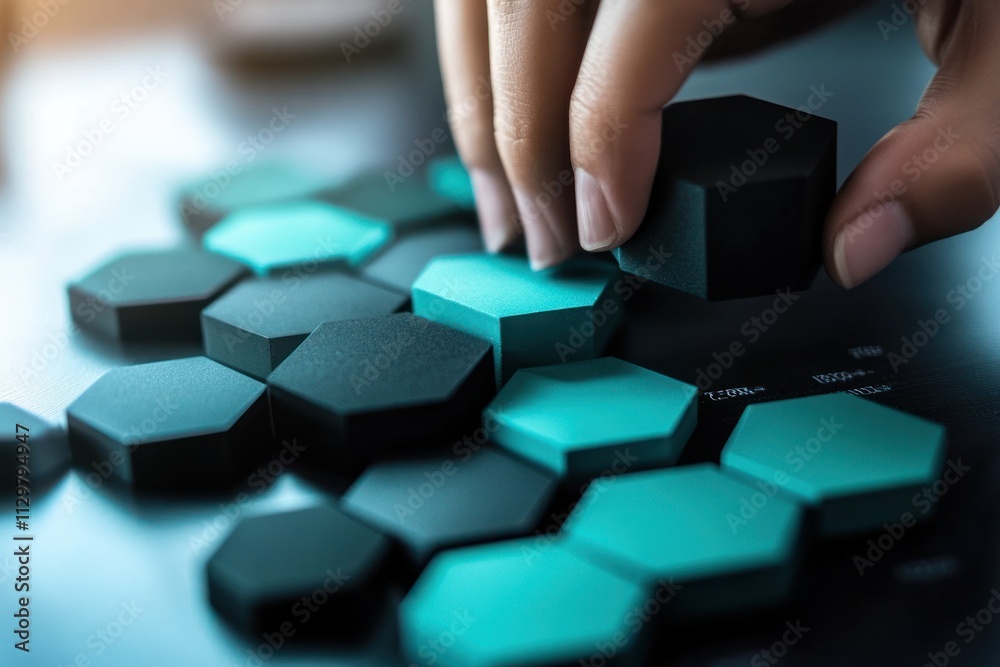 Poster Hand arranging teal and black hexagonal blocks on a surface.