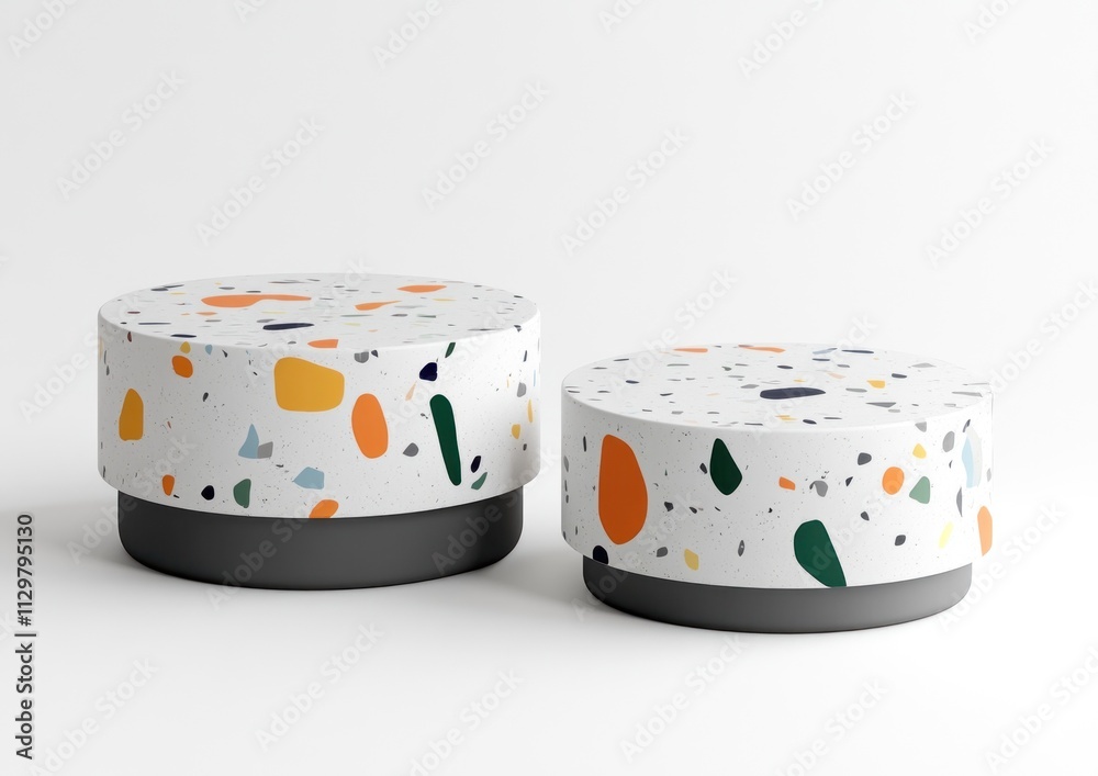Aufkleber Two round terrazzo patterned display stands.