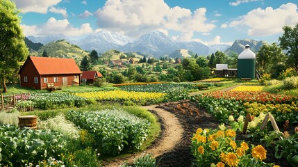 A picturesque scene of an organic farm in a fertile landscape, featuring diverse crops, natural compost, and earth-friendly farming tools, highlighting the commitment to sustainable farming 
