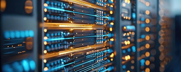 Naklejka premium Solar sustainability concept. A close-up view of server racks showcasing glowing lights and data cables.