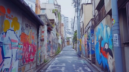 Naklejka premium Narrow empty street perspective with living houses covered with colorful graffiti