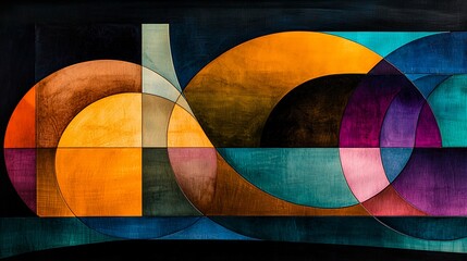 Abstract watercolor painting with geometric shapes and vibrant colors.