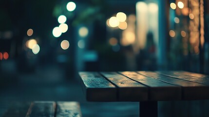 Night Cafe with Wooden Bar Table and Soft Blur Background Lights