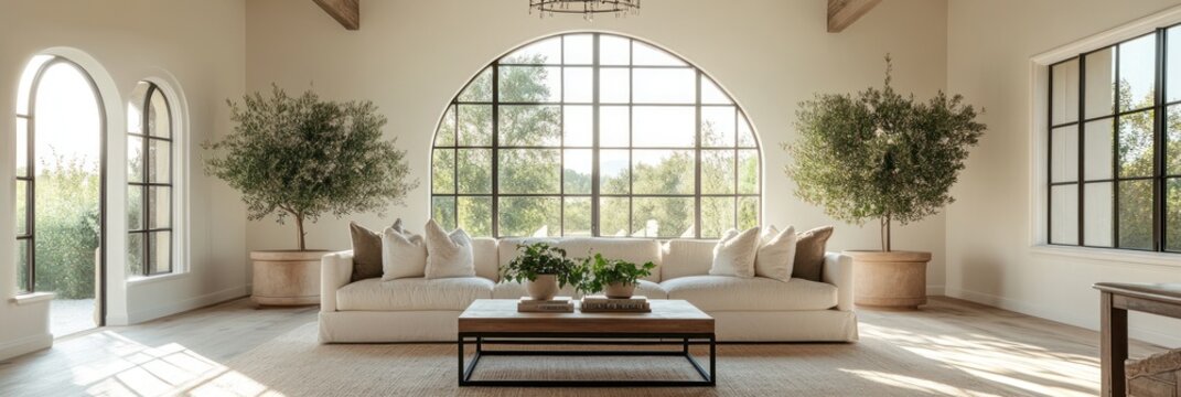 Serene Living Room With Large Arch Window and Olive Trees