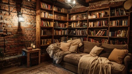 A cozy basement library with brick walls, wooden shelves