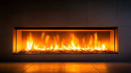 Modern Fireplace: Warm LED Flames, Sleek Design, Wide Shot