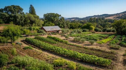 A picturesque scene of an organic farm in a fertile landscape, featuring diverse crops, natural compost, and earth-friendly farming tools, highlighting the commitment to sustainable farming 