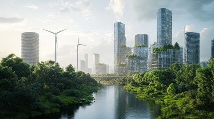 Obraz premium Futuristic cityscape with greenery and wind turbines
