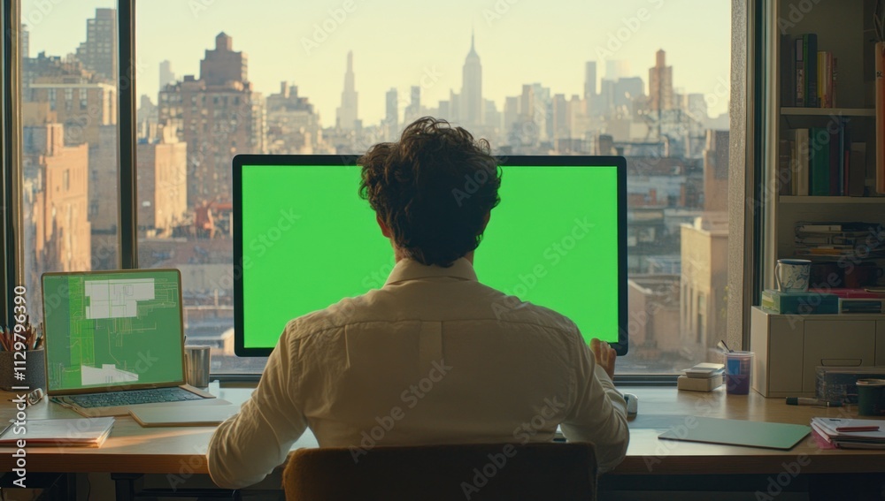 Aufkleber man working at desk with green screen computer, city view.