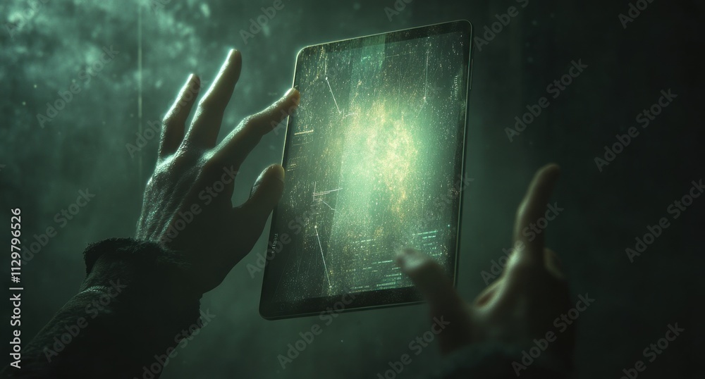 Poster close-up of hands interacting with a cracked, glowing tablet screen, showing futuristic interface.