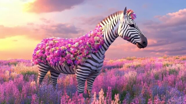 A zebra adorned with a blanket of pink flowers stands in a field of lavender at sunset. Ideal for whimsical and nature projects.. AI Generation