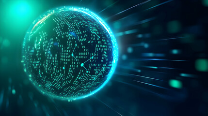 A futuristic digital globe with glowing data streams representing technology and connectivity.
