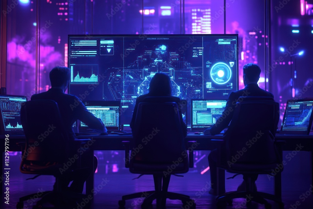 Poster Three people sit at a desk in a dark room monitoring screens displaying data against a futuristic city backdrop.
