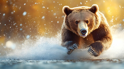 Obraz premium A majestic bear running through a snowy landscape, showcasing its power and grace in the wild.