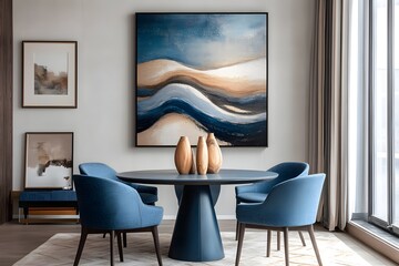 Modern Dining Room with Blue Accents. Featuring a Round Table, Blue Chairs, Abstract Wall Art and...