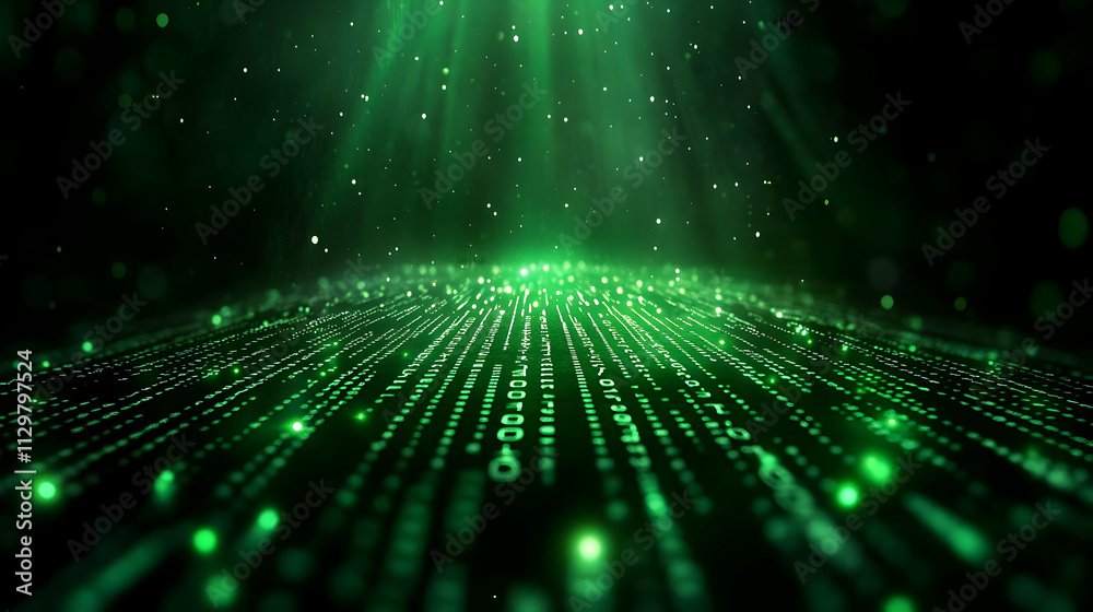 Poster a mesmerizing green digital landscape with glowing binary code, symbolizing advanced technology and 
