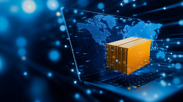 A digital representation of global shipping with containers emerging from a laptop, symbolizing modern logistics.
