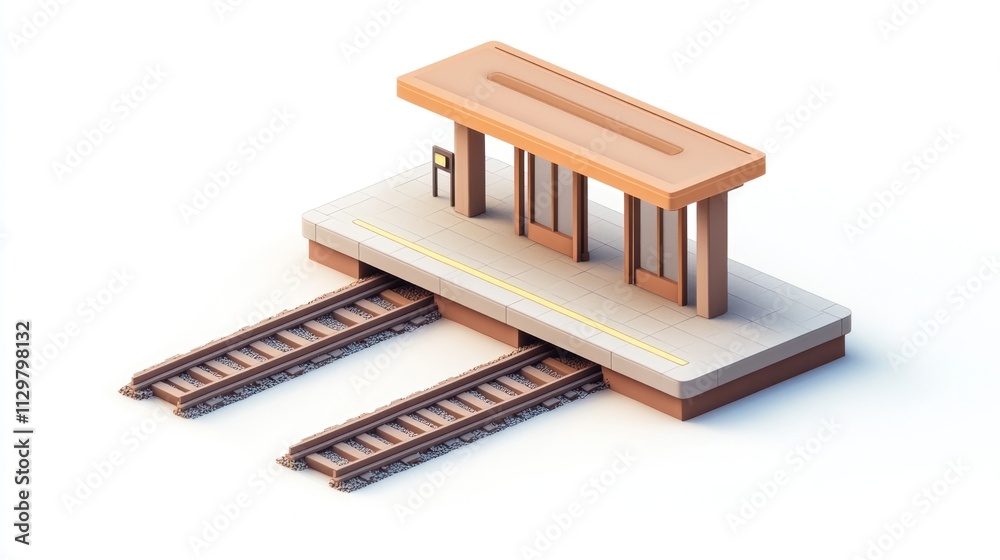 Poster isometric low-poly model of a train station platform with tracks.