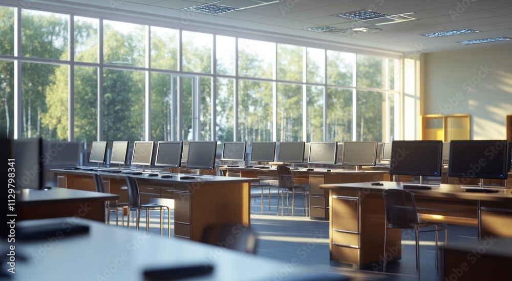 Poster Sunlit computer lab with many desktops and large windows overlooking trees.