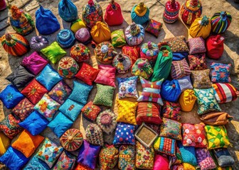 Fototapeta premium Overhead drone shot showcases wholesale fabric bags arranged for textile product photography; handle bag layout emphasized.