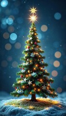 Whimsical Christmas tree featuring a sparkling star on top and glittering fairy lights around its base, dreamy, whimsical decor, fantastical