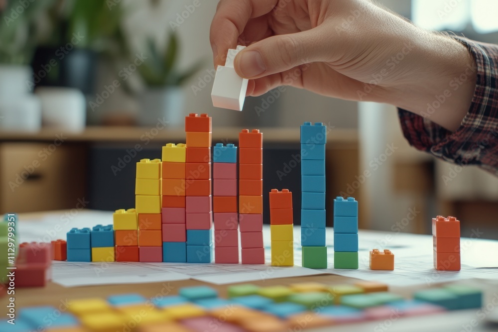 Poster Hand building a colorful bar graph with toy blocks.