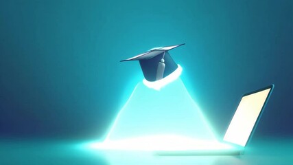 A graduation cap hovers over a laptop, symbolizing online education and achieving academic success in the digital age.. AI Generation