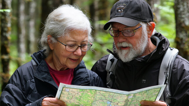 Older couple studying trail map in forest, enjoying nature together