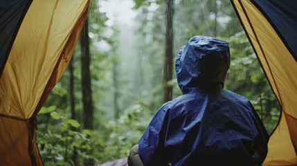 camper in blue rain jacket sits inside tent, enjoying rain