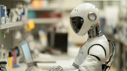 Advanced humanoid robot working diligently in a futuristic laboratory, showcasing technology, innovation, and artificial intelligence during research or development process