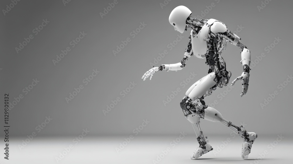 Poster Futuristic Robotic Figure in Motion, Showcasing an Advanced Design of a Human-like Robot with Mechanical Components in a Minimalist Environment