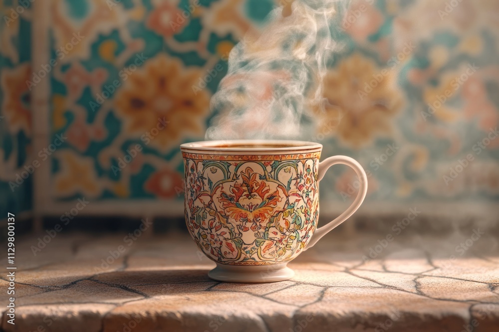 Poster steaming hot beverage in an ornate mug, sits on a patterned surface.