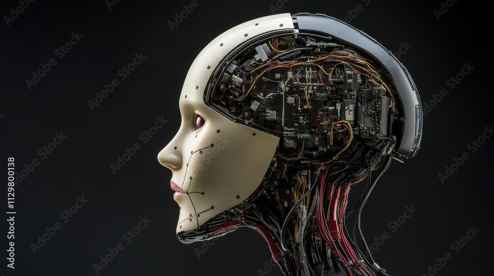 Poster Futuristic Robot Head with Exposed Technology, Showcasing Intricate Wiring and Circuitry Beneath Smooth Surface, Symbolizing Advanced AI and Robotics Innovations