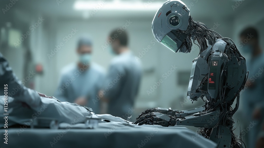 Poster Futuristic Robot Assisting in High-Tech Surgical Procedure with Medical Professionals in Operating Room, Emphasizing Advanced Technology and Enhanced Human-Robot Collaboration