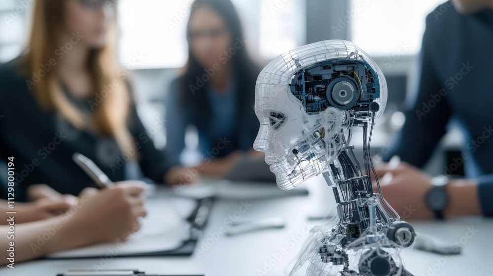 Poster human-like robot head displayed at modern office meeting with diverse team discussing technology and